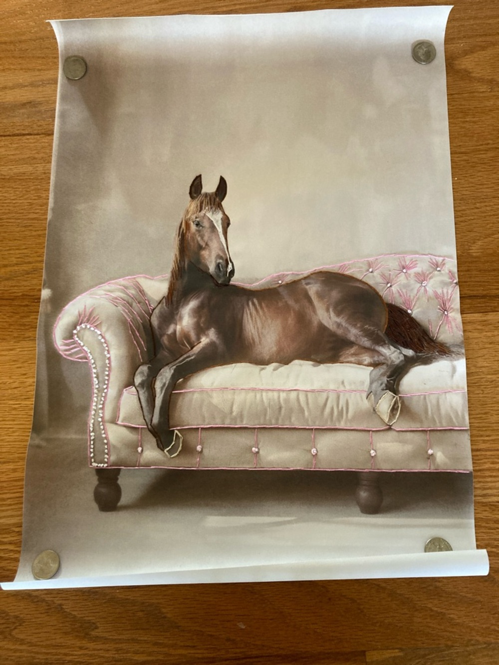 New large canvas Horse on Couch embroidered accents 23x16 inches